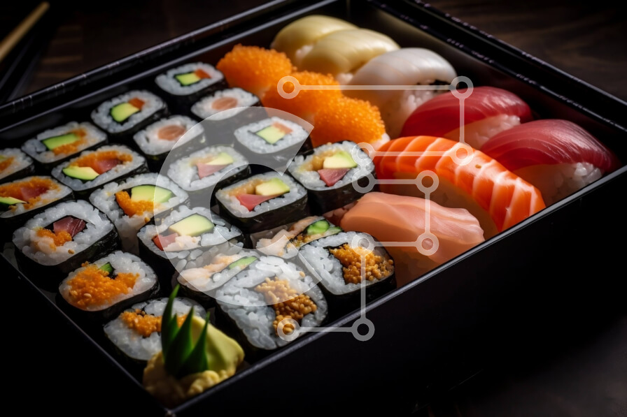 Σετ των 2 Intra Συλλεκτικό Ξύλινο Παζλ Plywood  4mm - Νόστιμη πιατέλα σούσι με ποικιλία από ρολά Σε Ξύλινο Κουτί - Διαστάσεις: 10x10 cm – 25 κομμάτια