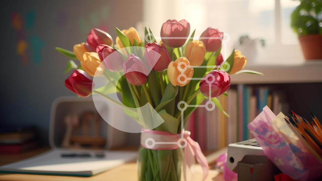 Intra Συλλεκτικό Ξύλινο Παζλ Plywood  4mm - Πολύχρωμες τουλίπες σε βάζο με βιβλία Σε Ξύλινο Κουτί - Διαστάσεις: 10x10 cm – 25 κομμάτια