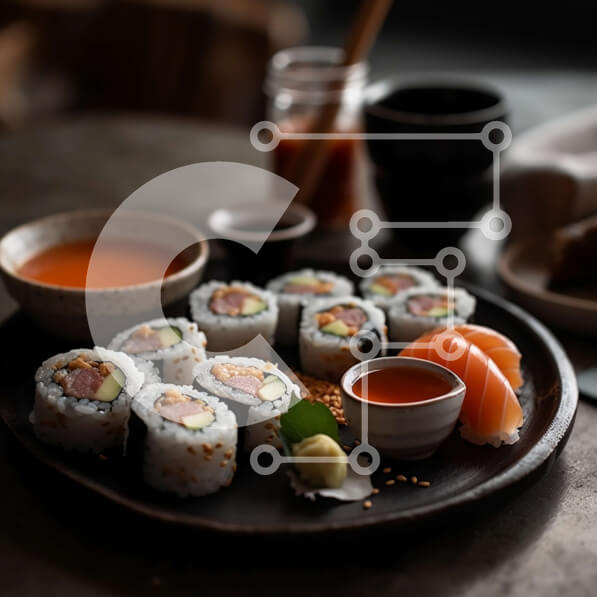 Σετ των 2 Intra Συλλεκτικό Ξύλινο Παζλ Plywood  4mm - Ρολά σούσι με σολομό, αβοκάντο και τυρί κρέμα σε μαύρο πιάτο με σάλτσα σόγιας Σε Ξύλινο Κουτί - Διαστάσεις: 10x10 cm – 25 κομμάτια