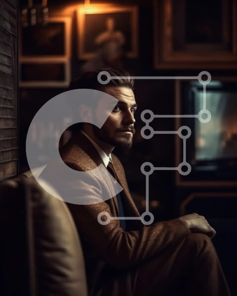 Intra Συλλεκτικό Ξύλινο Παζλ Plywood  4mm - Πορτρέτο ενός άνδρα με καφέ κοστούμι και γραβάτα που κάθεται σε έναν καναπέ σε ένα δωμάτιο με χαμηλό φωτισμό Σε Ξύλινο Κουτί - Διαστάσεις Puzzle: 10x10 cm – 25 κομμάτια