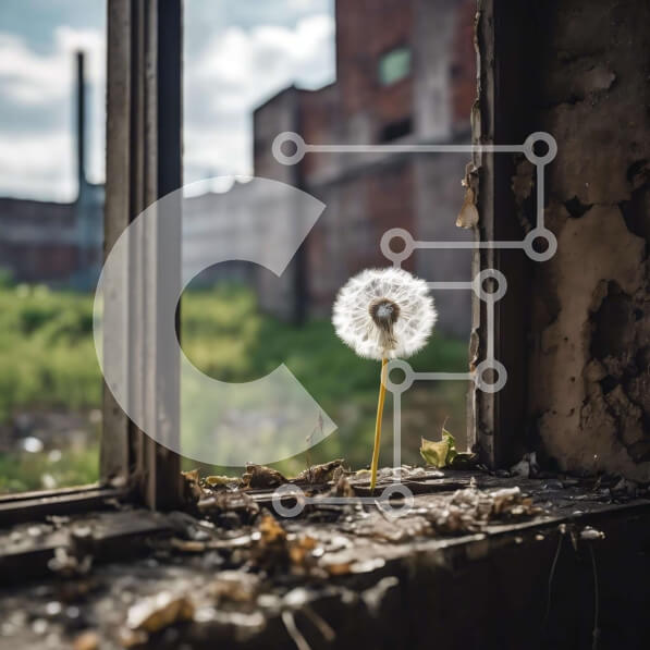 Intra Συλλεκτικό Ξύλινο Παζλ Plywood  4mm - Μοναχική πικραλίδα σε παράθυρο εγκαταλελειμμένου κτιρίου Σε Ξύλινο Κουτί - Διαστάσεις: 10x10 cm – 25 κομμάτια