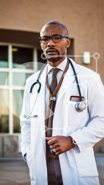 Intra Συλλεκτικό Ξύλινο Παζλ Plywood  4mm - Επαγγελματίας μαύρος άνδρας γιατρός που κρατά πρόχειρο έξω από το νοσοκομείο Σε Ξύλινο Κουτί - Διαστάσεις Puzzle: 10x10 cm – 25 κομμάτια