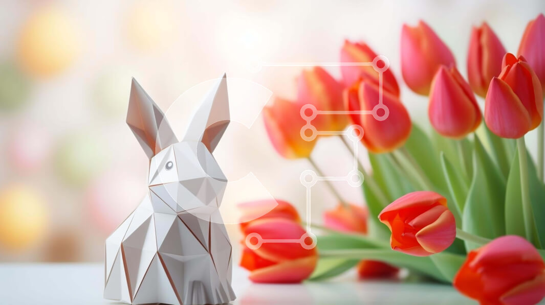 Intra Συλλεκτικό Ξύλινο Παζλ Plywood  4mm - Στολισμός τραπεζιού με θέμα το Πάσχα με κουνέλι origami και κόκκινες τουλίπες Σε Ξύλινο Κουτί - Διαστάσεις Puzzle: 10x10 cm – 25 κομμάτια