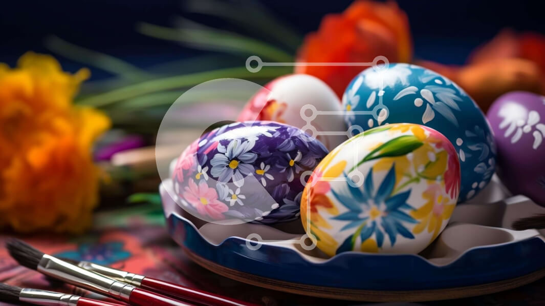 Intra Συλλεκτικό Ξύλινο Παζλ Plywood  4mm - Πολύχρωμα Πασχαλινά αυγά σε ένα μπολ με βούρτσες και λουλούδια Σε Ξύλινο Κουτί - Διαστάσεις: 10x10 cm – 25 κομμάτια