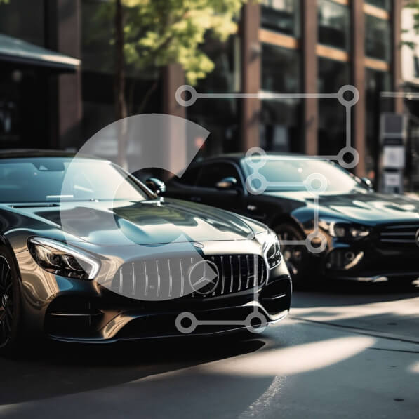 Intra Συλλεκτικό Ξύλινο Παζλ Plywood  4mm - Κομψά αυτοκίνητα Mercedes-Benz σε αστικό περιβάλλον Σε Ξύλινο Κουτί - Διαστάσεις Puzzle: 10x10 cm – 25 κομμάτια