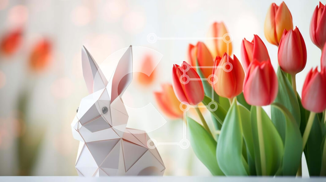 Intra Συλλεκτικό Ξύλινο Παζλ Plywood  4mm - Origami κουνέλι και τουλίπες ως πασχαλινή διακόσμηση Σε Ξύλινο Κουτί - Διαστάσεις Puzzle: 10x10 cm – 25 κομμάτια