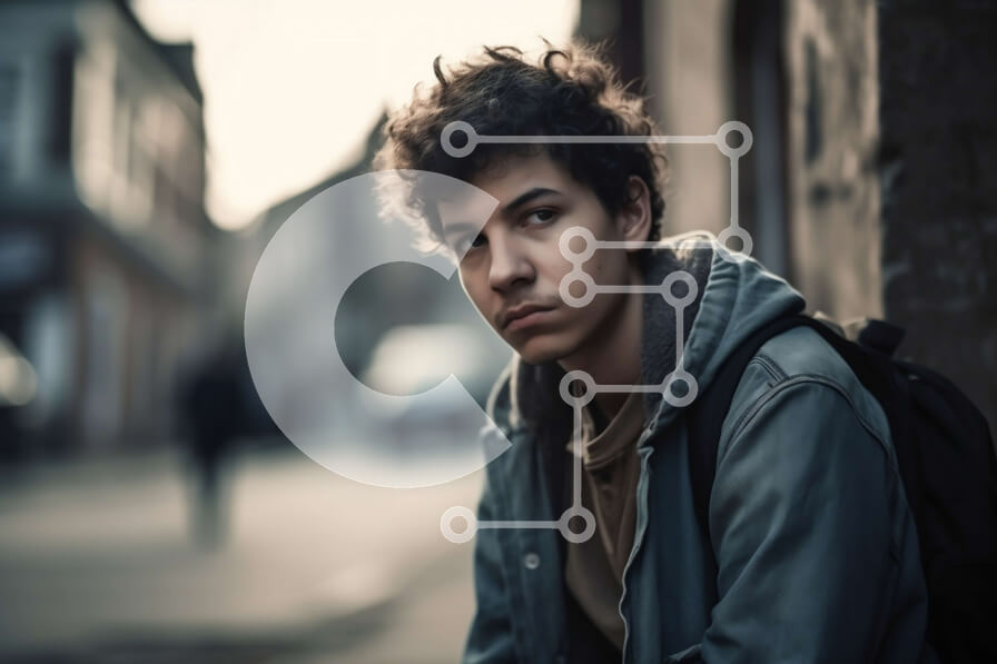 Intra Συλλεκτικό Ξύλινο Παζλ Plywood  4mm - Σοβαρός νεαρός άνδρας με κουκούλα και σακίδιο πλάτης στο Alleyway Σε Ξύλινο Κουτί - Διαστάσεις Puzzle: 10x10 cm – 25 κομμάτια