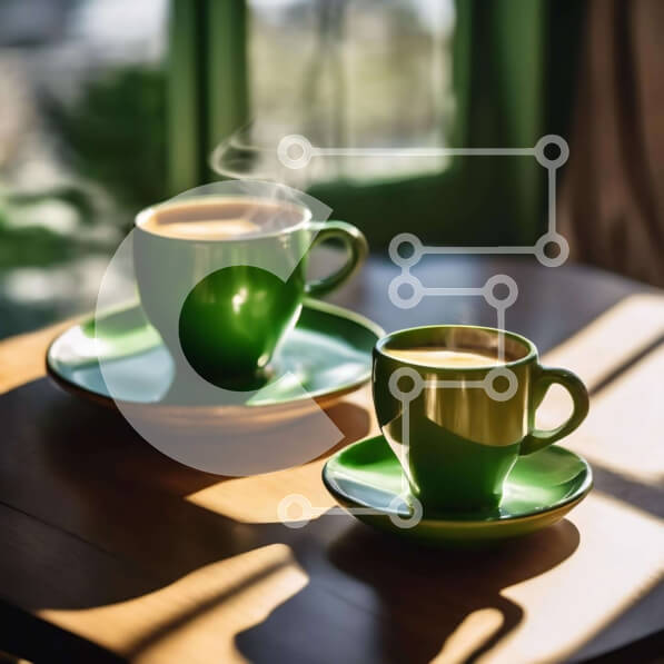 Σετ των 2 Intra Συλλεκτικό Ξύλινο Παζλ Plywood  4mm - Δύο πράσινα φλιτζάνια καφέ και πιατάκια σε ξύλινο τραπέζι με ατμό Σε Ξύλινο Κουτί - Διαστάσεις: 10x10 cm – 25 κομμάτια