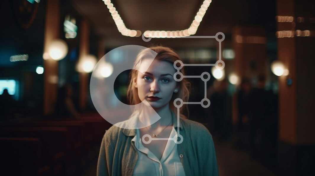 Intra Συλλεκτικό Ξύλινο Παζλ Plywood  4mm - Ξανθιά γυναίκα με πράσινο πουλόβερ που στέκεται σε αμυδρά φωτισμένο δωμάτιο με πολυέλαιο Σε Ξύλινο Κουτί - Διαστάσεις Puzzle: 10x10 cm – 25 κομμάτια