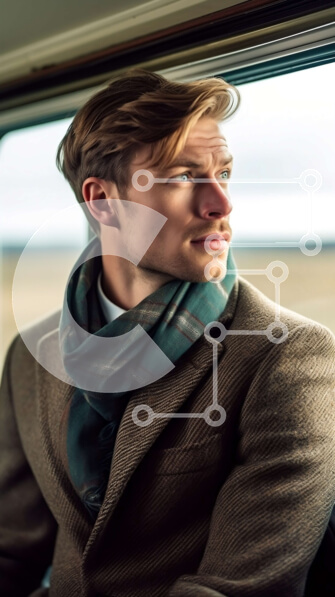 Intra Συλλεκτικό Ξύλινο Παζλ Plywood  4mm - Άνδρας με καφέ παλτό, κασκόλ και γυαλιά που κοιτάζει έξω από το παράθυρο του τρένου Σε Ξύλινο Κουτί - Διαστάσεις Puzzle: 10x10 cm – 25 κομμάτια