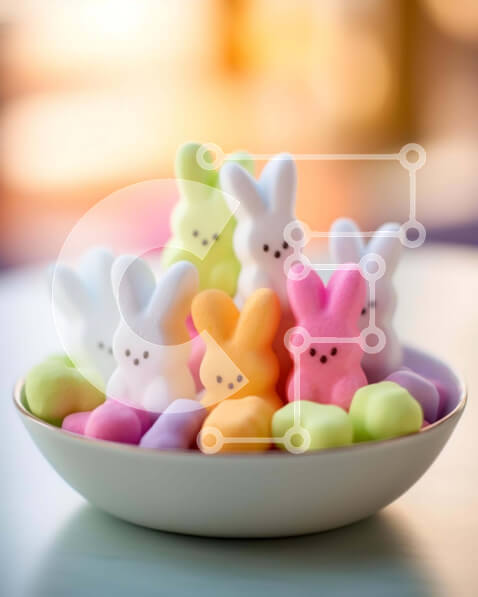 Intra Συλλεκτικό Ξύλινο Παζλ Plywood  4mm - Πολύχρωμο Πασχαλινό Marshmallow Peeps σε ένα μπολ με κουνελάκια Σε Ξύλινο Κουτί - Διαστάσεις: 10x10 cm – 25 κομμάτια