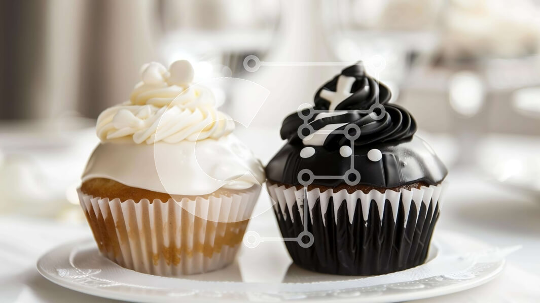 Σετ των 2 Intra Συλλεκτικό Ξύλινο Παζλ Plywood  4mm - Δύο cupcakes με ασπρόμαυρο πάγωμα σε λευκό πιάτο Σε Ξύλινο Κουτί - Διαστάσεις: 10x10 cm – 25 κομμάτια