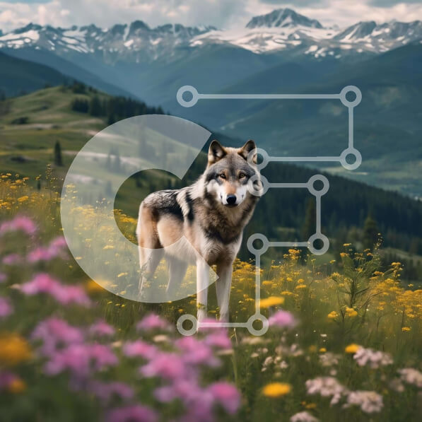 Intra Συλλεκτικό Ξύλινο Παζλ Plywood  4mm - Γκρίζος λύκος στο ανοιχτό λιβάδι με τα βουνά και τα λουλούδια Σε Ξύλινο Κουτί - Διαστάσεις: 10x10 cm – 25 κομμάτια