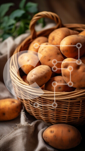 Intra Συλλεκτικό Ξύλινο Παζλ Plywood  4mm - Φρέσκες πατάτες σε ένα ψάθινο καλάθι σε τραπεζομάντιλο Σε Ξύλινο Κουτί - Διαστάσεις: 10x10 cm – 25 κομμάτια