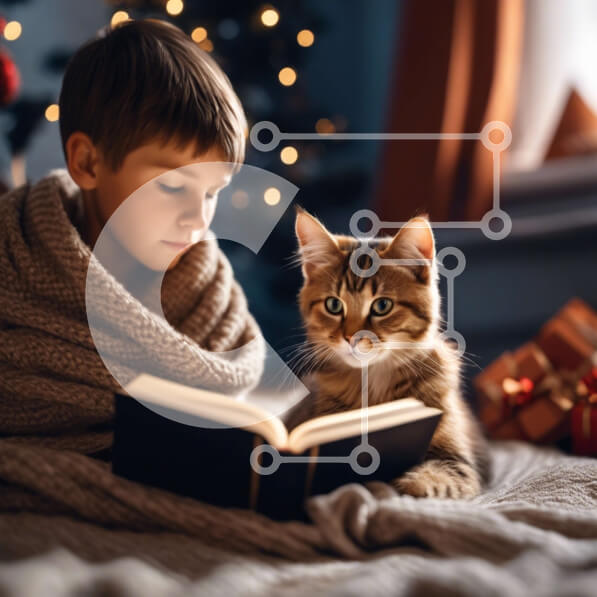 Intra Συλλεκτικό Ξύλινο Παζλ Plywood  4mm - Νεαρό αγόρι που διαβάζει με τη γάτα του τα Χριστούγεννα Σε Ξύλινο Κουτί - Διαστάσεις Puzzle: 10x10 cm – 25 κομμάτια