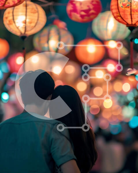 Intra Συλλεκτικό Ξύλινο Παζλ Plywood  4mm - Προσωπική στιγμή κάτω από πολύχρωμα φανάρια Σε Ξύλινο Κουτί - Διαστάσεις Puzzle: 10x10 cm – 25 κομμάτια