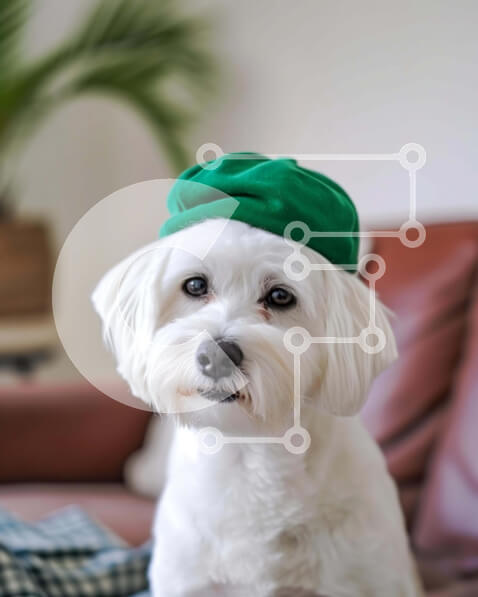 Σετ των 2 Intra Συλλεκτικό Ξύλινο Παζλ Plywood  4mm - Αξιολάτρευτο λευκό σκυλί με πράσινο καπέλο μπερέ Σε Ξύλινο Κουτί - Διαστάσεις: 10x10 cm – 25 κομμάτια