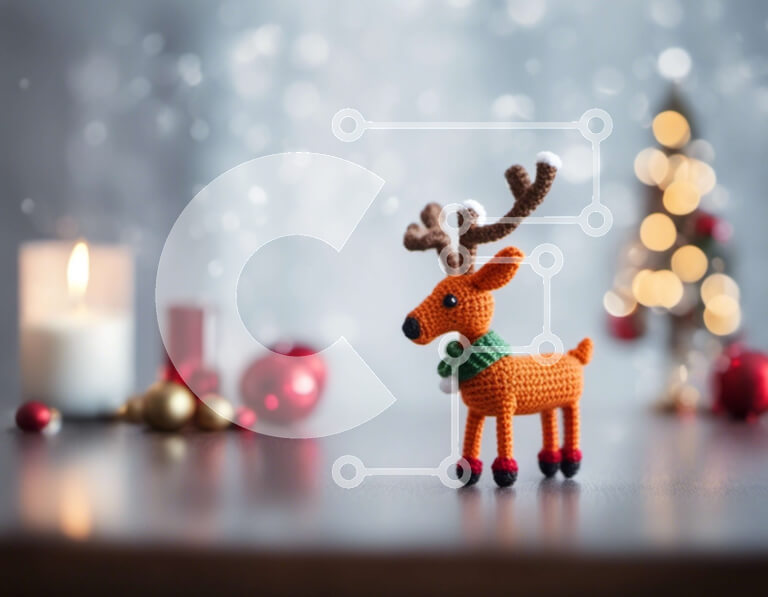 Intra Συλλεκτικό Ξύλινο Παζλ Plywood  4mm - Κροσέ τάρανδοι που κάθεται σε διακοσμητικό τραπέζι με χριστουγεννιάτικα στολίδια Σε Ξύλινο Κουτί - Διαστάσεις Puzzle: 10x10 cm – 25 κομμάτια