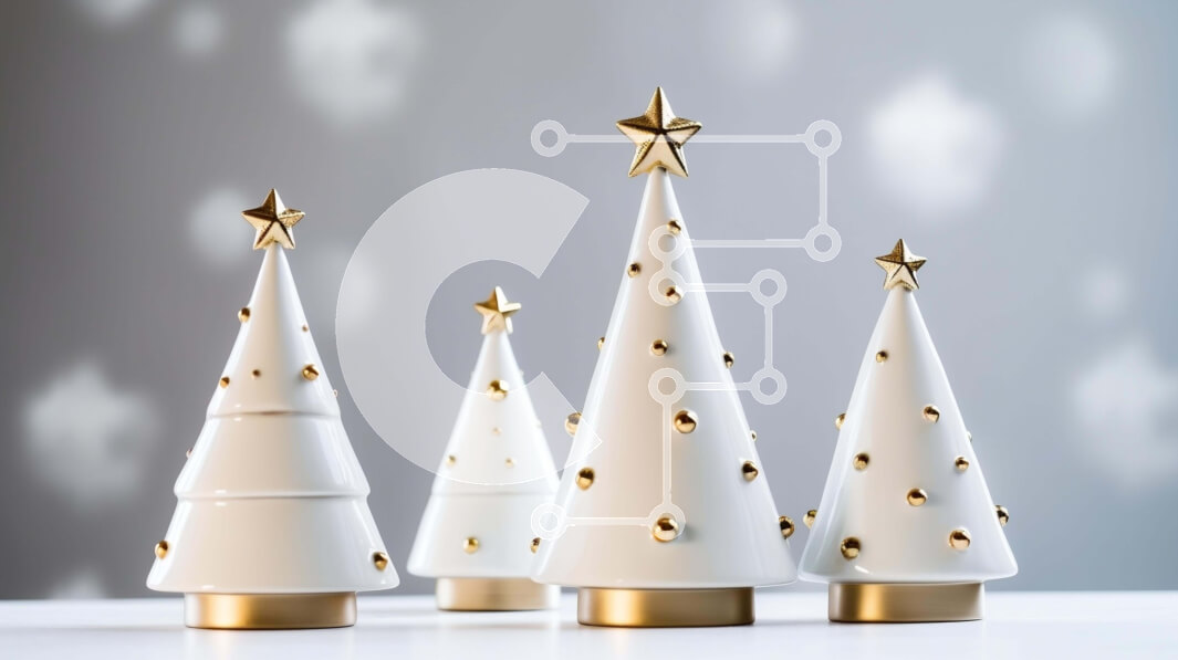 Intra Συλλεκτικό Ξύλινο Παζλ Plywood  4mm - Ομάδα τριών λευκών κεραμικών χριστουγεννιάτικων δέντρων με χρυσά αστέρια Σε Ξύλινο Κουτί - Διαστάσεις: 10x10 cm – 25 κομμάτια