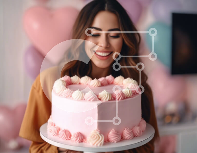 Intra Συλλεκτικό Ξύλινο Παζλ Plywood  4mm - Νεαρή γυναίκα που κρατά ροζ τούρτα με λευκό γλάσο και μπαλόνια Σε Ξύλινο Κουτί - Διαστάσεις Puzzle: 10x10 cm – 25 κομμάτια