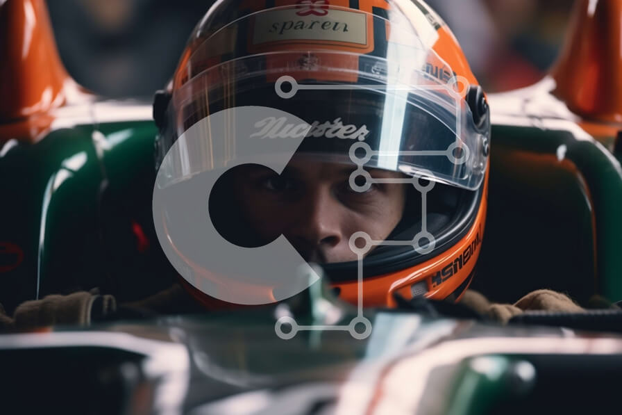 Intra Συλλεκτικό Ξύλινο Παζλ Plywood  4mm - Κοντινό πλάνο του οδηγού της Formula 1 σε πράσινο και πορτοκαλί αγωνιστικό αυτοκίνητο Σε Ξύλινο Κουτί - Διαστάσεις Puzzle: 10x10 cm – 25 κομμάτια