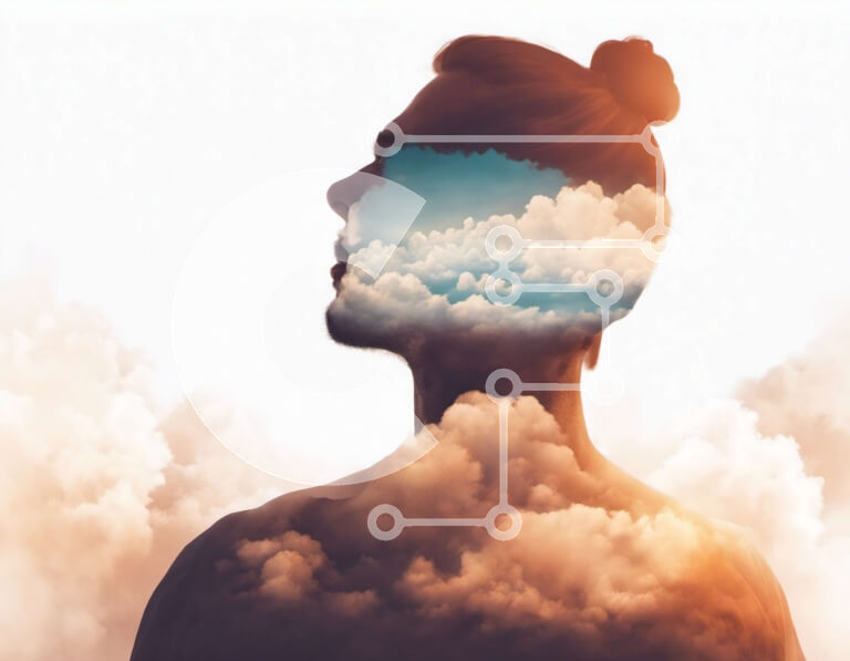 Intra Συλλεκτικό Ξύλινο Παζλ Plywood  4mm - Αφηρημένη εικόνα του κεφαλιού της γυναίκας στα σύννεφα Σε Ξύλινο Κουτί - Διαστάσεις Puzzle: 10x10 cm – 25 κομμάτια