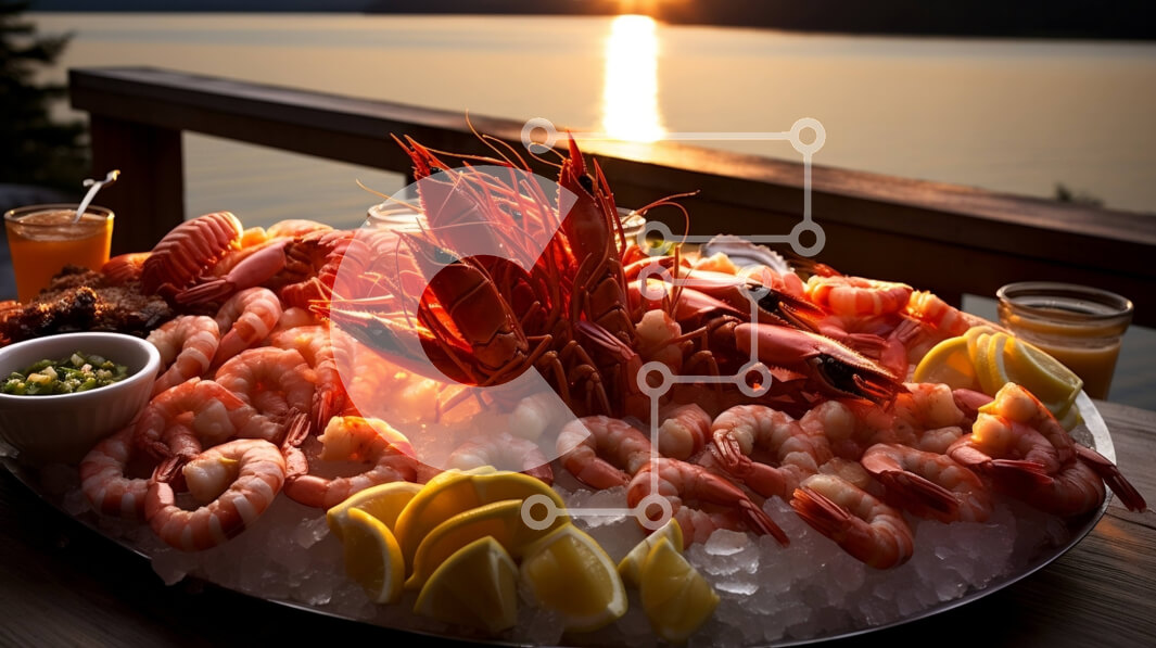 Σετ των 2 Intra Συλλεκτικό Ξύλινο Παζλ Plywood  4mm - Νόστιμη πιατέλα με γαρίδες σε ξύλινο τραπέζι με θέα Σε Ξύλινο Κουτί - Διαστάσεις: 10x10 cm – 25 κομμάτια