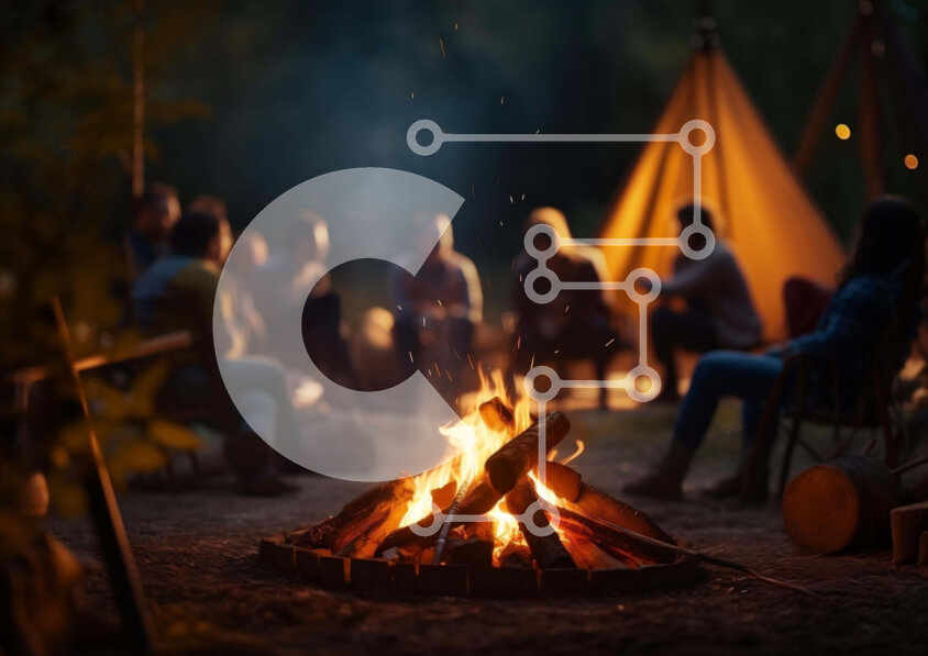 Intra Συλλεκτικό Ξύλινο Παζλ Plywood  4mm - Ομάδα ανθρώπων γύρω από μια φωτιά μπροστά από σκηνές και καρέκλες Σε Ξύλινο Κουτί - Διαστάσεις Puzzle: 10x10 cm – 25 κομμάτια