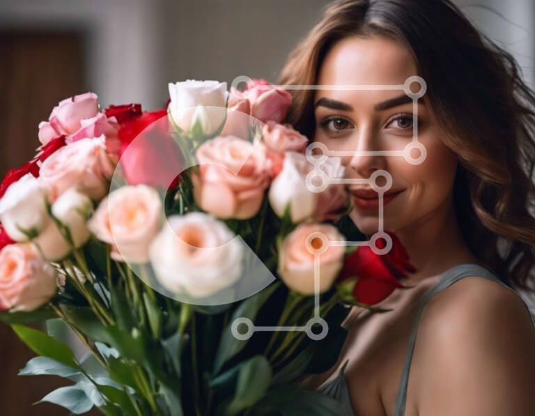 Intra Συλλεκτικό Ξύλινο Παζλ Plywood  4mm - Ευτυχισμένη γυναίκα με ένα όμορφο μπουκέτο τριαντάφυλλα Σε Ξύλινο Κουτί - Διαστάσεις Puzzle: 10x10 cm – 25 κομμάτια