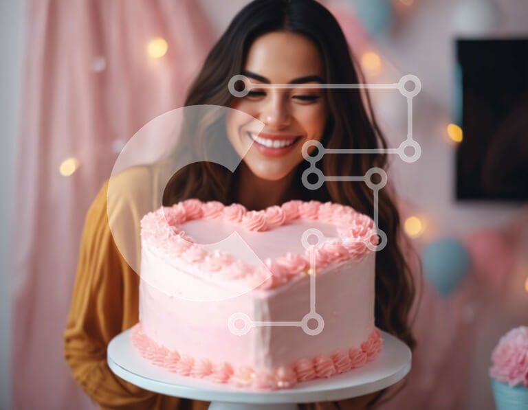 Intra Συλλεκτικό Ξύλινο Παζλ Plywood  4mm - Νεαρή γυναίκα που κρατά ένα ροζ κέικ σε σχήμα καρδιάς Σε Ξύλινο Κουτί - Διαστάσεις Puzzle: 10x10 cm – 25 κομμάτια