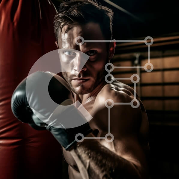 Intra Συλλεκτικό Ξύλινο Παζλ Plywood  4mm - Ισχυρή εικόνα του άνδρα χωρίς πουκάμισο που πυγμαχεί με κόκκινο σάκο του μποξ Σε Ξύλινο Κουτί - Διαστάσεις Puzzle: 10x10 cm – 25 κομμάτια