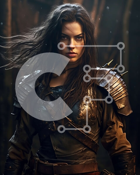 Intra Συλλεκτικό Ξύλινο Παζλ Plywood  4mm - Σκοτεινή και μυστηριώδης φωτογραφία γυναίκας με πανοπλία στο δάσος Σε Ξύλινο Κουτί - Διαστάσεις Puzzle: 10x10 cm – 25 κομμάτια