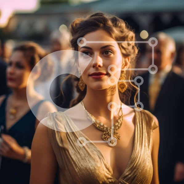 Σετ των 2 Intra Συλλεκτικό Ξύλινο Παζλ Plywood  4mm - Κομψή γυναίκα με χρυσό φόρεμα με ασορτί κοσμήματα σε πλήθος σε υπαίθρια εκδήλωση Σε Ξύλινο Κουτί - Διαστάσεις: 10x10 cm – 25 κομμάτια