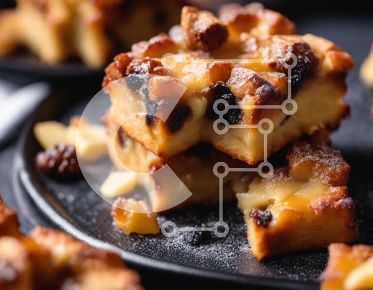 Σετ των 2 Intra Συλλεκτικό Ξύλινο Παζλ Plywood  4mm - Στοίβα από νόστιμα επιδόρπια πουτίγκας ψωμιού σε ένα μαύρο πιάτο Σε Ξύλινο Κουτί - Διαστάσεις: 10x10 cm – 25 κομμάτια