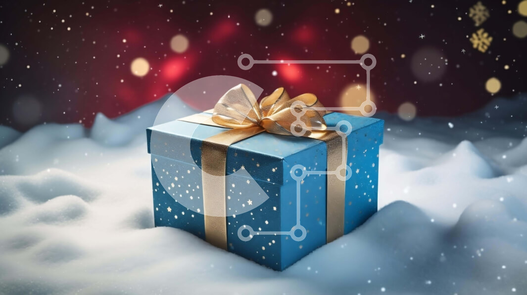 Intra Συλλεκτικό Ξύλινο Παζλ Plywood  4mm - Μπλε κουτί δώρου με χρυσή κορδέλα σε φόντο χιονιού Σε Ξύλινο Κουτί - Διαστάσεις: 10x10 cm – 25 κομμάτια