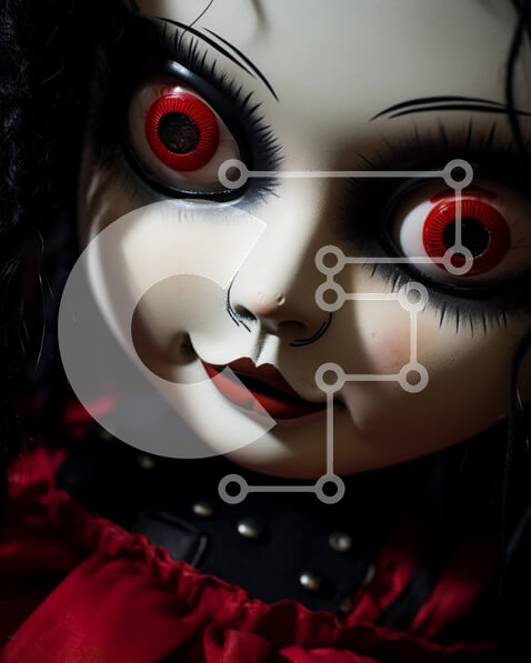 Intra Συλλεκτικό Ξύλινο Παζλ Plywood  4mm - Ανατριχιαστική κούκλα με κόκκινα μάτια και μαύρα μαλλιά Σε Ξύλινο Κουτί - Διαστάσεις Puzzle: 10x10 cm – 25 κομμάτια