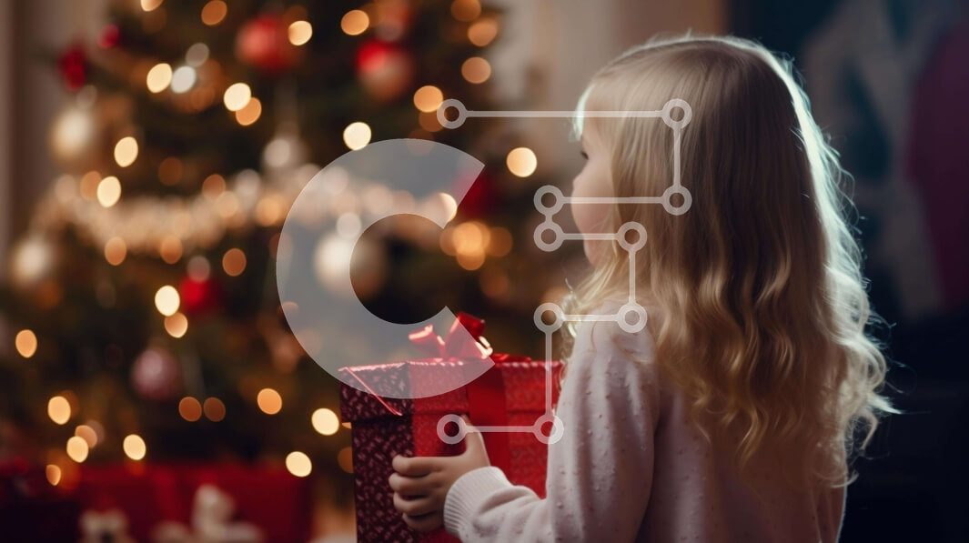 Intra Συλλεκτικό Ξύλινο Παζλ Plywood  4mm - Νεαρό κορίτσι με ξανθά μαλλιά που κρατά ένα κόκκινο κουτί δώρου μπροστά από ένα χριστουγεννιάτικο δέντρο Σε Ξύλινο Κουτί - Διαστάσεις Puzzle: 10x10 cm – 25 κομμάτια