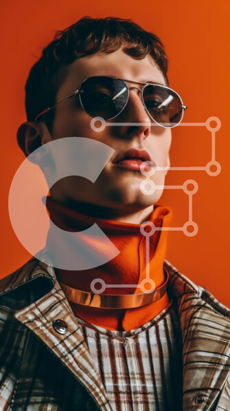 Intra Συλλεκτικό Ξύλινο Παζλ Plywood  4mm - Κομψός άνδρας με καρό πουκάμισο και δερμάτινο μπουφάν που στέκεται μπροστά από το ζωντανό πορτοκαλί φόντο Σε Ξύλινο Κουτί - Διαστάσεις Puzzle: 10x10 cm – 25 κομμάτια