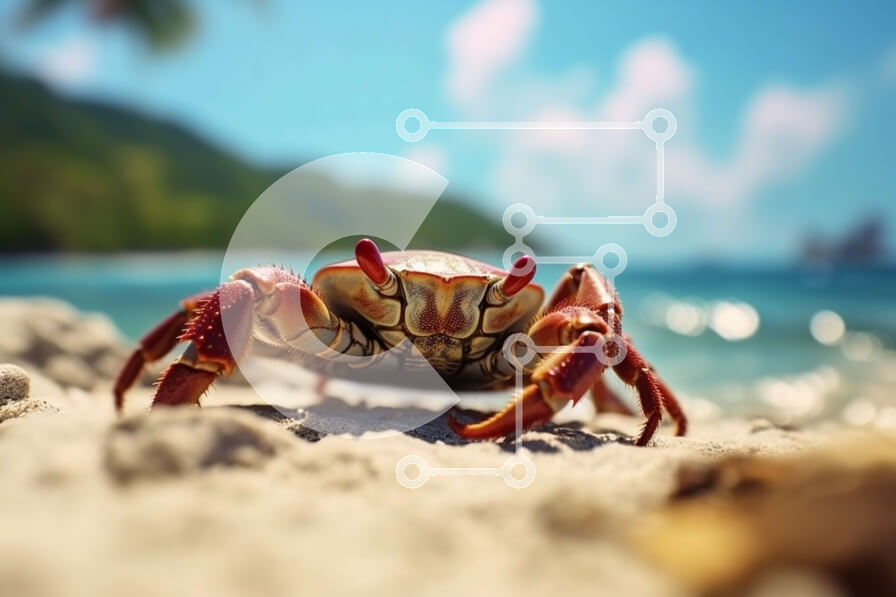 Intra Συλλεκτικό Ξύλινο Παζλ Plywood  4mm - Όμορφη φωτογραφία από κοντινό πλάνο του Καβούρι στην παραλία με καθαρό μπλε ουρανό και φοίνικες στο φόντο Σε Ξύλινο Κουτί - Διαστάσεις: 10x10 cm – 25 κομμάτια