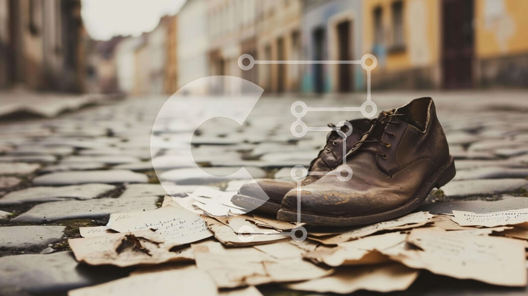 Intra Συλλεκτικό Ξύλινο Παζλ Plywood  4mm - Παλιά φθαρμένα παπούτσια και φάκελος στην Cobblestone Street Σε Ξύλινο Κουτί - Διαστάσεις: 10x10 cm – 25 κομμάτια