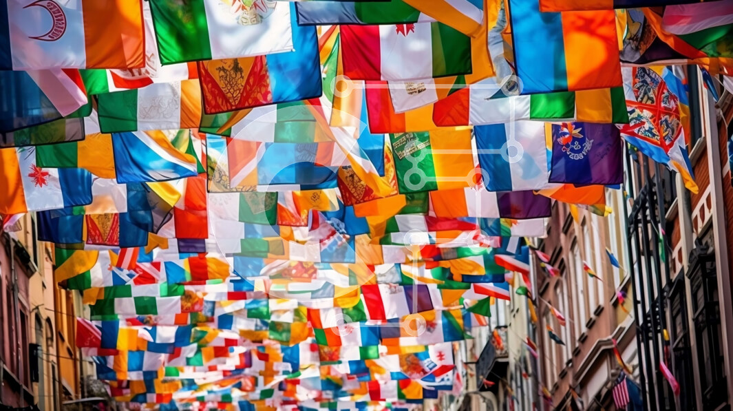 Intra Συλλεκτικό Ξύλινο Παζλ Plywood  4mm - Πολύχρωμες σημαίες που κρέμονται από κτίρια στην ευρωπαϊκή πόλη Σε Ξύλινο Κουτί - Διαστάσεις Puzzle: 10x10 cm – 25 κομμάτια