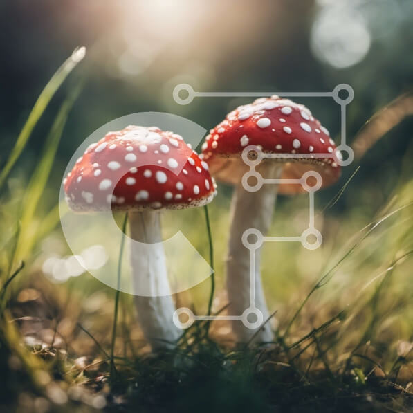 Intra Συλλεκτικό Ξύλινο Παζλ Plywood  4mm - Κόκκινα και άσπρα μανιτάρια σε ένα χορταριασμένο χωράφι Σε Ξύλινο Κουτί - Διαστάσεις: 10x10 cm – 25 κομμάτια