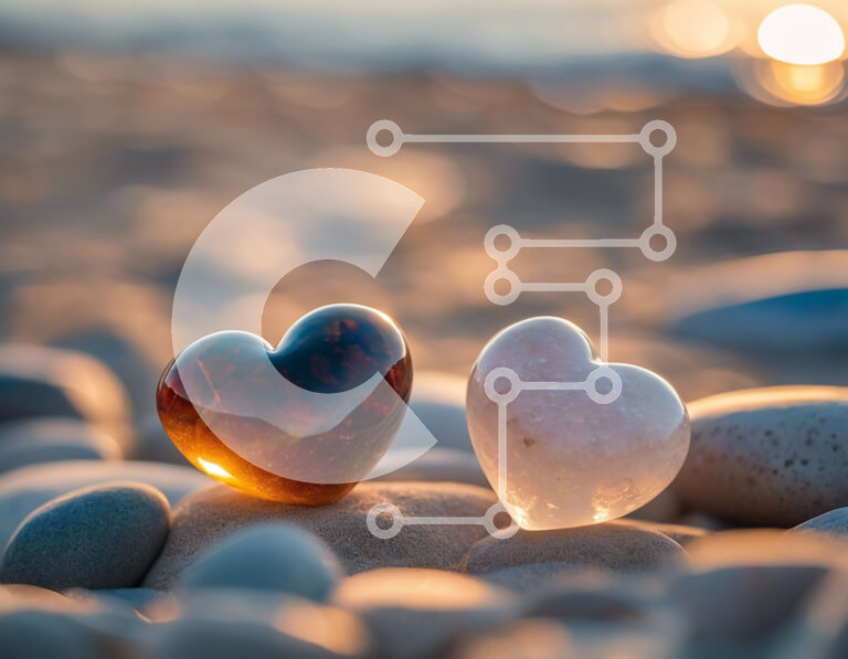 Intra Συλλεκτικό Ξύλινο Παζλ Plywood  4mm - Γυάλινα γλυπτά σε σχήμα καρδιάς σε ένα κρεβάτι με βράχους και βότσαλα Σε Ξύλινο Κουτί - Διαστάσεις Puzzle: 10x10 cm – 25 κομμάτια