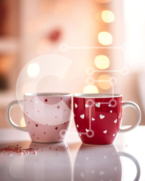 Σετ των 2 Intra Συλλεκτικό Ξύλινο Παζλ Plywood  4mm - Φλιτζάνια καφέ για την ημέρα του Αγίου Βαλεντίνου με μοτίβα καρδιάς Σε Ξύλινο Κουτί - Διαστάσεις: 10x10 cm – 25 κομμάτια