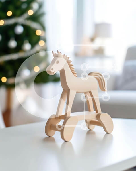 Intra Συλλεκτικό Ξύλινο Παζλ Plywood  4mm - Ξύλινο παιχνίδι άλογο μπροστά από το χριστουγεννιάτικο δέντρο Σε Ξύλινο Κουτί - Διαστάσεις: 10x10 cm – 25 κομμάτια