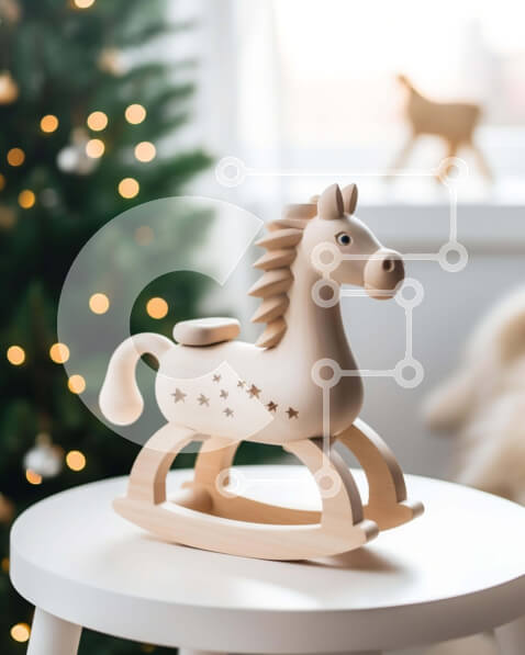Intra Συλλεκτικό Ξύλινο Παζλ Plywood  4mm - Ξύλινο κουνιστό άλογο σε διακοσμητικό λευκό τραπέζι με χριστουγεννιάτικο δέντρο Σε Ξύλινο Κουτί - Διαστάσεις Puzzle: 10x10 cm – 25 κομμάτια