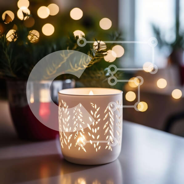 Intra Συλλεκτικό Ξύλινο Παζλ Plywood  4mm - Λευκό κερί σε διακοσμημένο τραπέζι με χριστουγεννιάτικο δέντρο στο φόντο Σε Ξύλινο Κουτί - Διαστάσεις: 10x10 cm – 25 κομμάτια