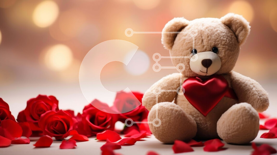 Intra Συλλεκτικό Ξύλινο Παζλ Plywood  4mm - Teddy Bear για την Ημέρα του Αγίου Βαλεντίνου που περιβάλλεται από κόκκινα τριαντάφυλλα Σε Ξύλινο Κουτί - Διαστάσεις Puzzle: 10x10 cm – 25 κομμάτια