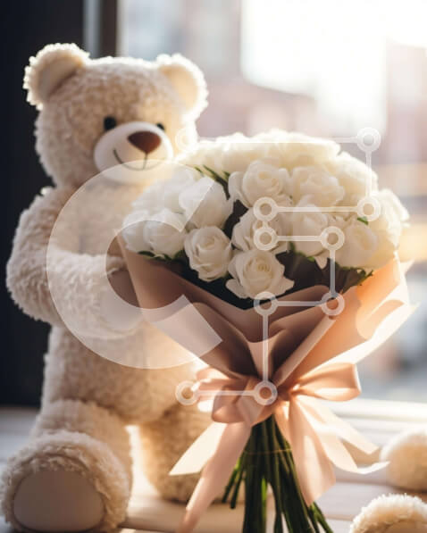 Intra Συλλεκτικό Ξύλινο Παζλ Plywood  4mm - Λευκό αρκουδάκι με λευκά τριαντάφυλλα Σε Ξύλινο Κουτί - Διαστάσεις Puzzle: 10x10 cm – 25 κομμάτια