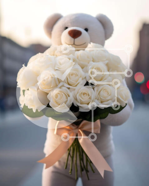 Intra Συλλεκτικό Ξύλινο Παζλ Plywood  4mm - Αρκουδάκι που κρατά λευκά τριαντάφυλλα σε έναν δρόμο Σε Ξύλινο Κουτί - Διαστάσεις Puzzle: 10x10 cm – 25 κομμάτια